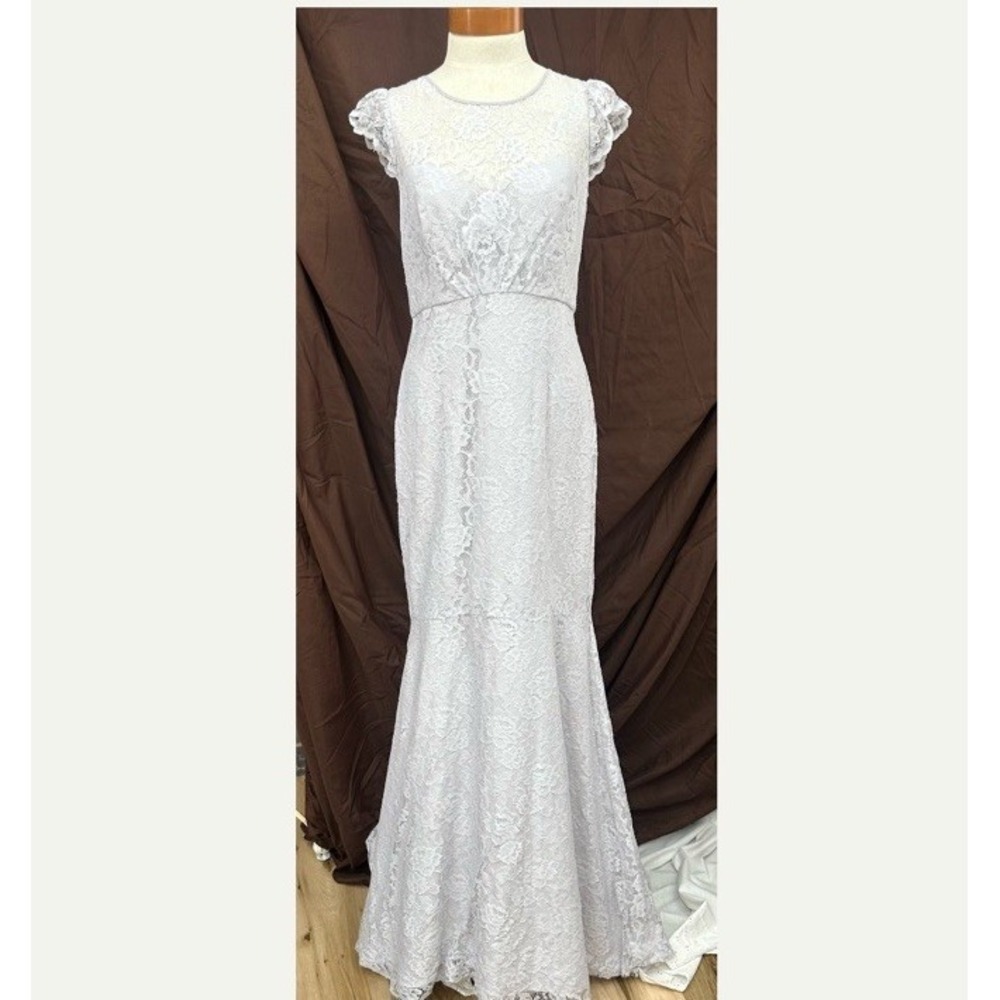 Silvery White Lace Mermaid Dress Sz 10 Gown Cap Sleeve Boho Prom Formal Illusion